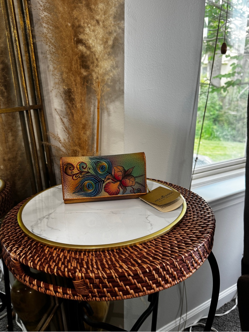 Anuschka Hand-Painted Peacock & Floral Card Holder - Teal, Blue, Green, Orange - Picture 2 of 10